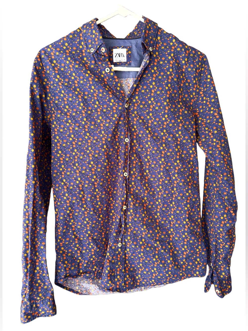 ZARA Navy Blue Long-Sleeve Floral Button-Down Shirt